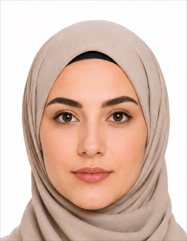 Professionell aufgenommenes biometrisches Passbild einer Frau mit religiöser Kopfbedeckung